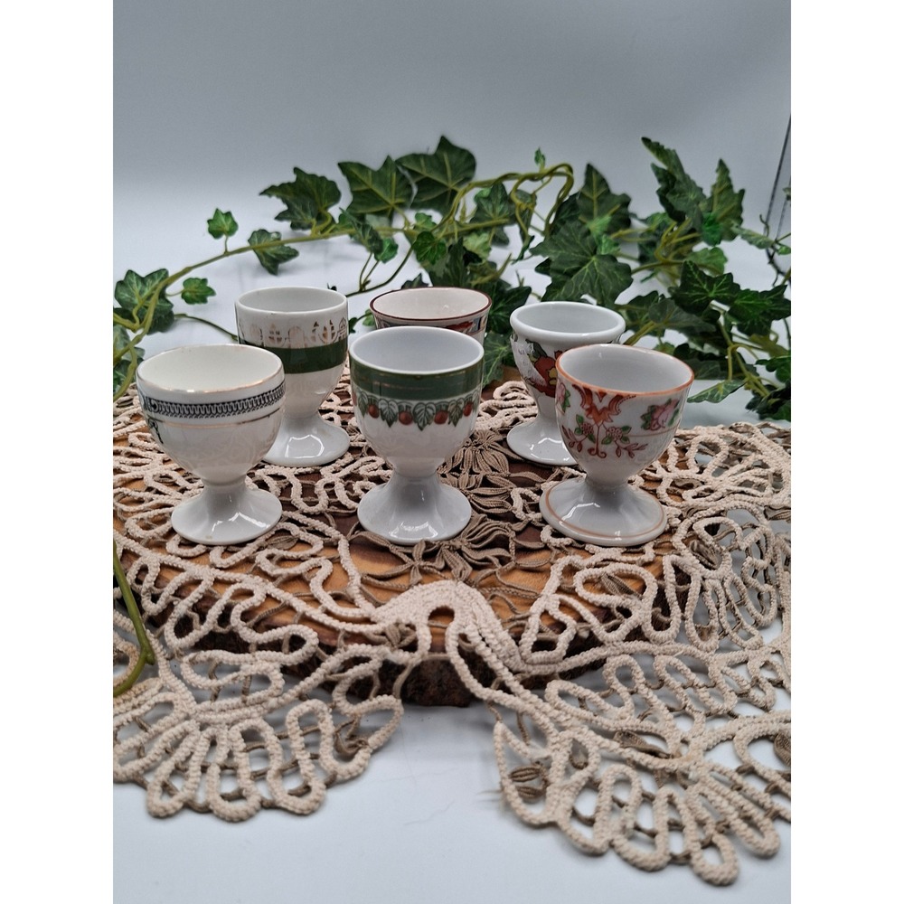 Vintage Porcelain Egg Cups Set of 6 Mismatched Floral Gilded Ceramic Footed